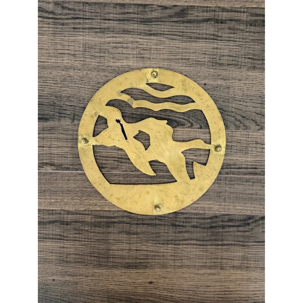 Vintage Brass Flying Mallard Ducks Round Wall Plaque Trivet MCM Cabin Wildlife